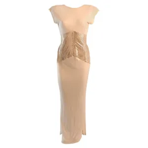 VICKY TIEL White Column Gown with Metallic Waist Detail 4-6