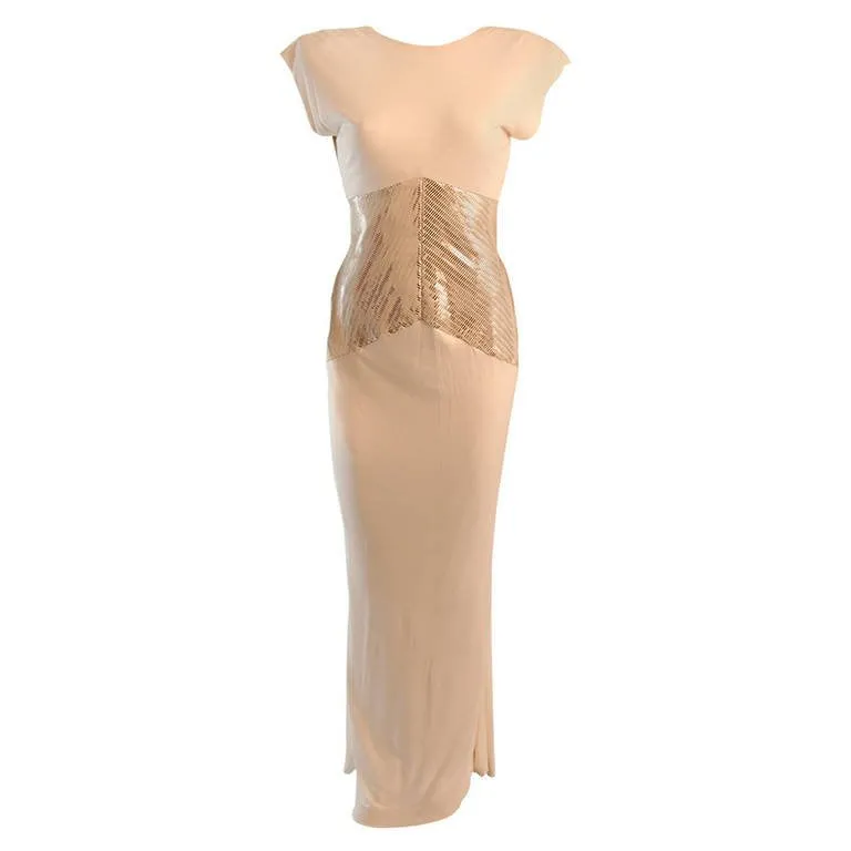 VICKY TIEL White Column Gown with Metallic Waist Detail 4-6