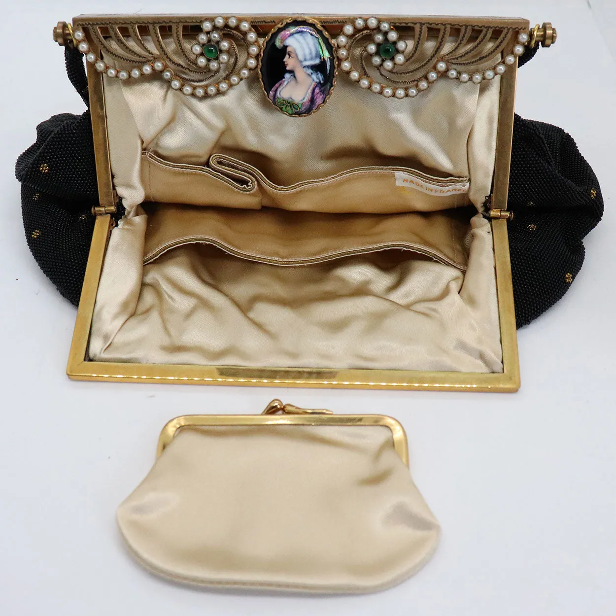 Vintage French Micro-Beaded, Jewelled and Limoges Plaque Black Evening Purse