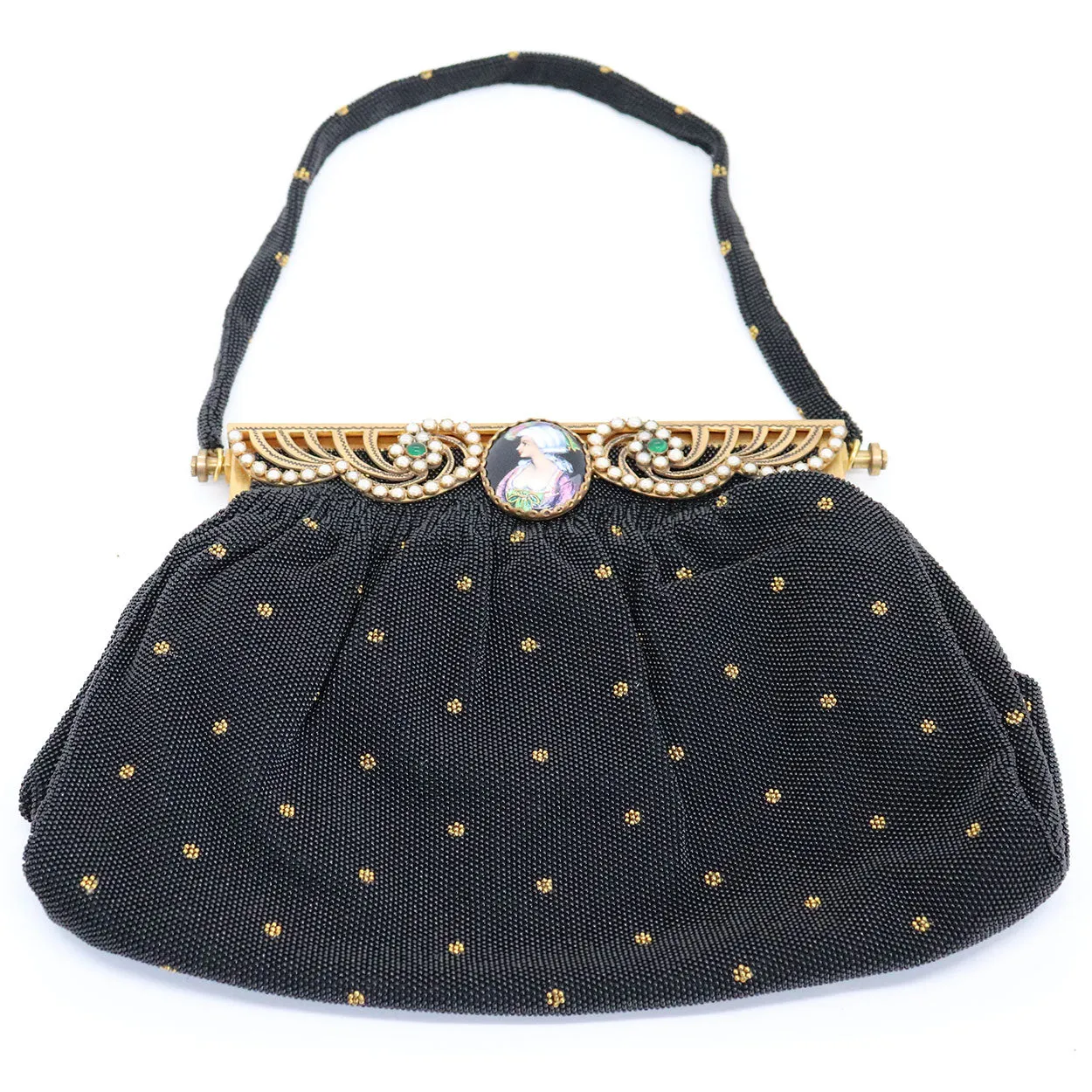 Vintage French Micro-Beaded, Jewelled and Limoges Plaque Black Evening Purse