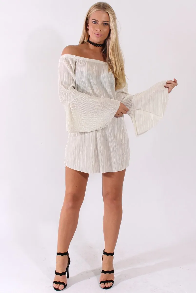 White Metallic Bardot Pleated Bell Sleeves Dress - Lilja