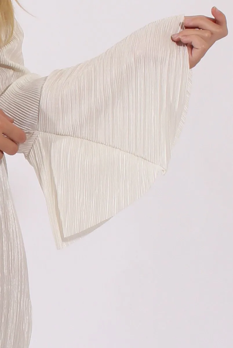 White Metallic Bardot Pleated Bell Sleeves Dress - Lilja